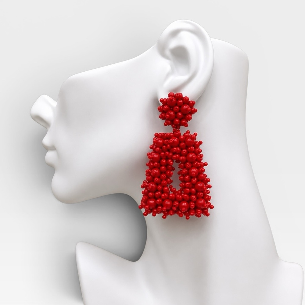Red Beaded Statement Drop Earrings - Women Jewelry